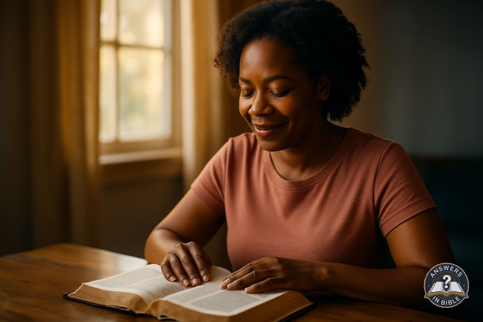 Woman reading Bible at wooden table, warm golden light