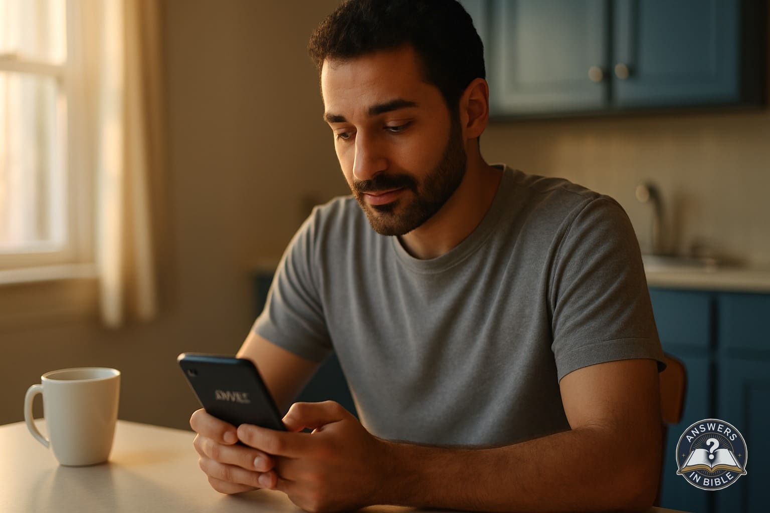 Man reading Bible on phone at kitchen table, morning light