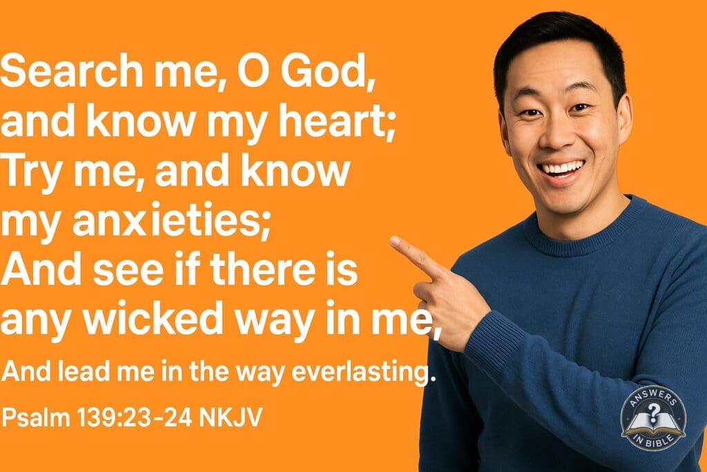 Weather presenter pointing to Search Me, O God - Psalm 139:23-24 verse graphic