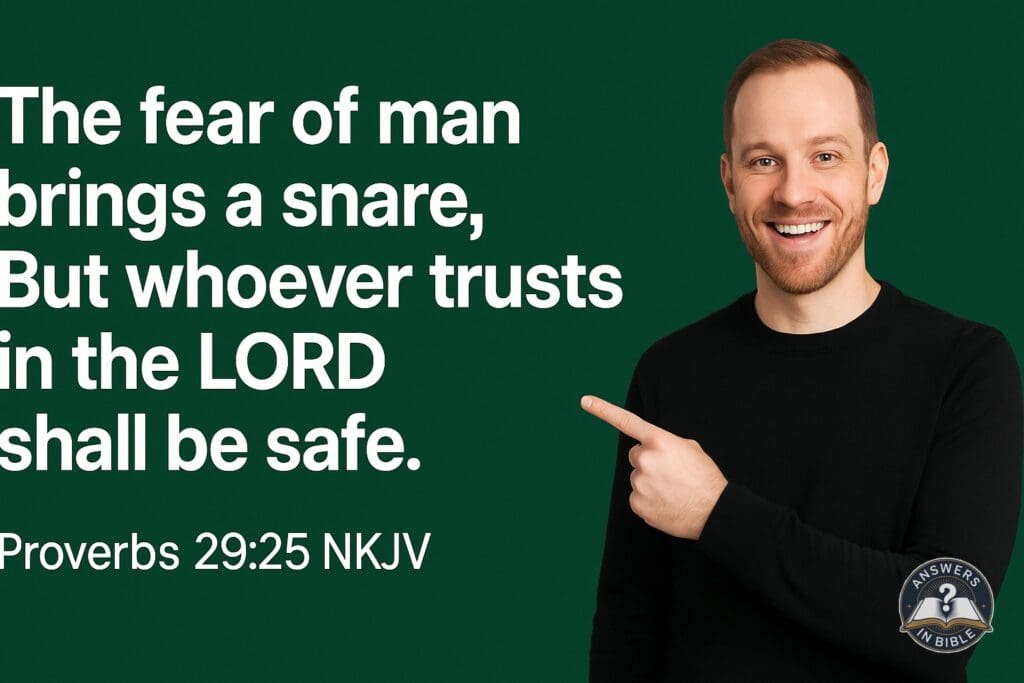 Weather presenter pointing to The Fear of Man - Proverbs 29:25 verse graphic