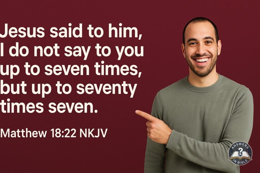 Weather presenter pointing to Seventy Times Seven - Matthew 18:22 verse graphic