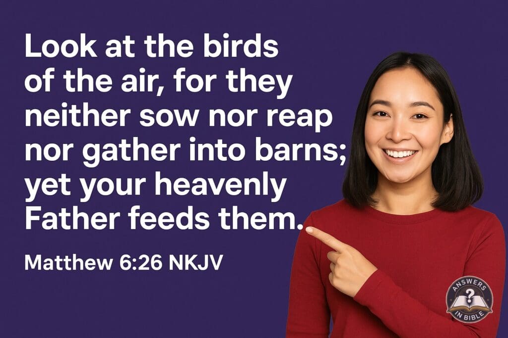 Weather presenter pointing to Look at the Birds - Matthew 6:26 verse graphic