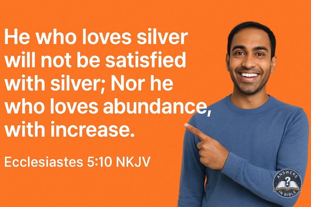Weather presenter pointing to Not Satisfied With Silver - Ecclesiastes 5:10 verse graphic