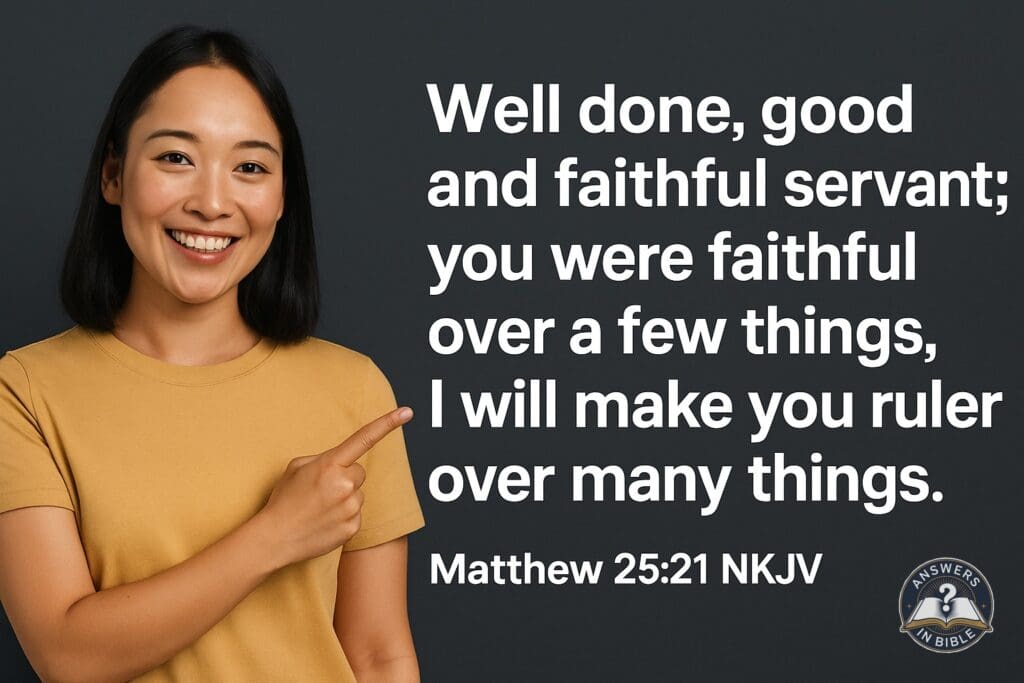 Weather presenter pointing to Well Done, Good and Faithful Servant - Matthew 25:21 verse graphic