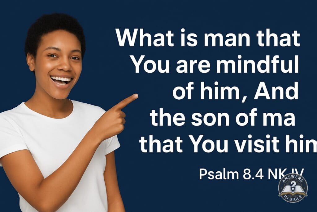 Weather presenter pointing to Mindful of Him - Psalm 8:4 verse graphic