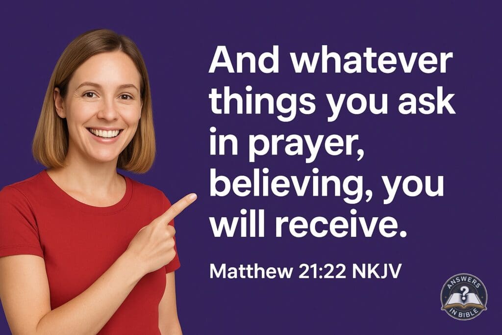 Weather presenter pointing to Ask in Prayer, Believing - Matthew 21:22 verse graphic