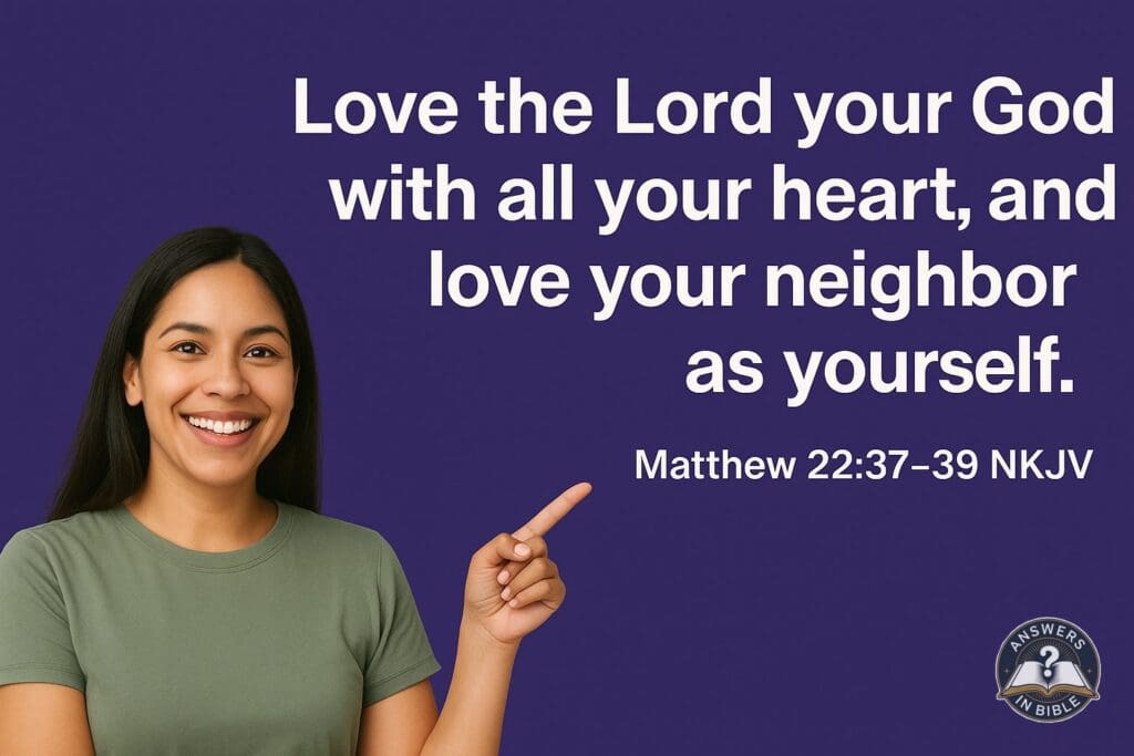 Smiling woman pointing to Matthew 22:37-39 scripture text on a deep purple background, Verse of the Day graphic