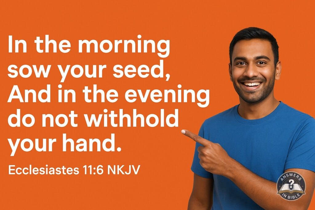 Weather presenter pointing to In the Morning Sow Your Seed - Ecclesiastes 11:6 verse graphic