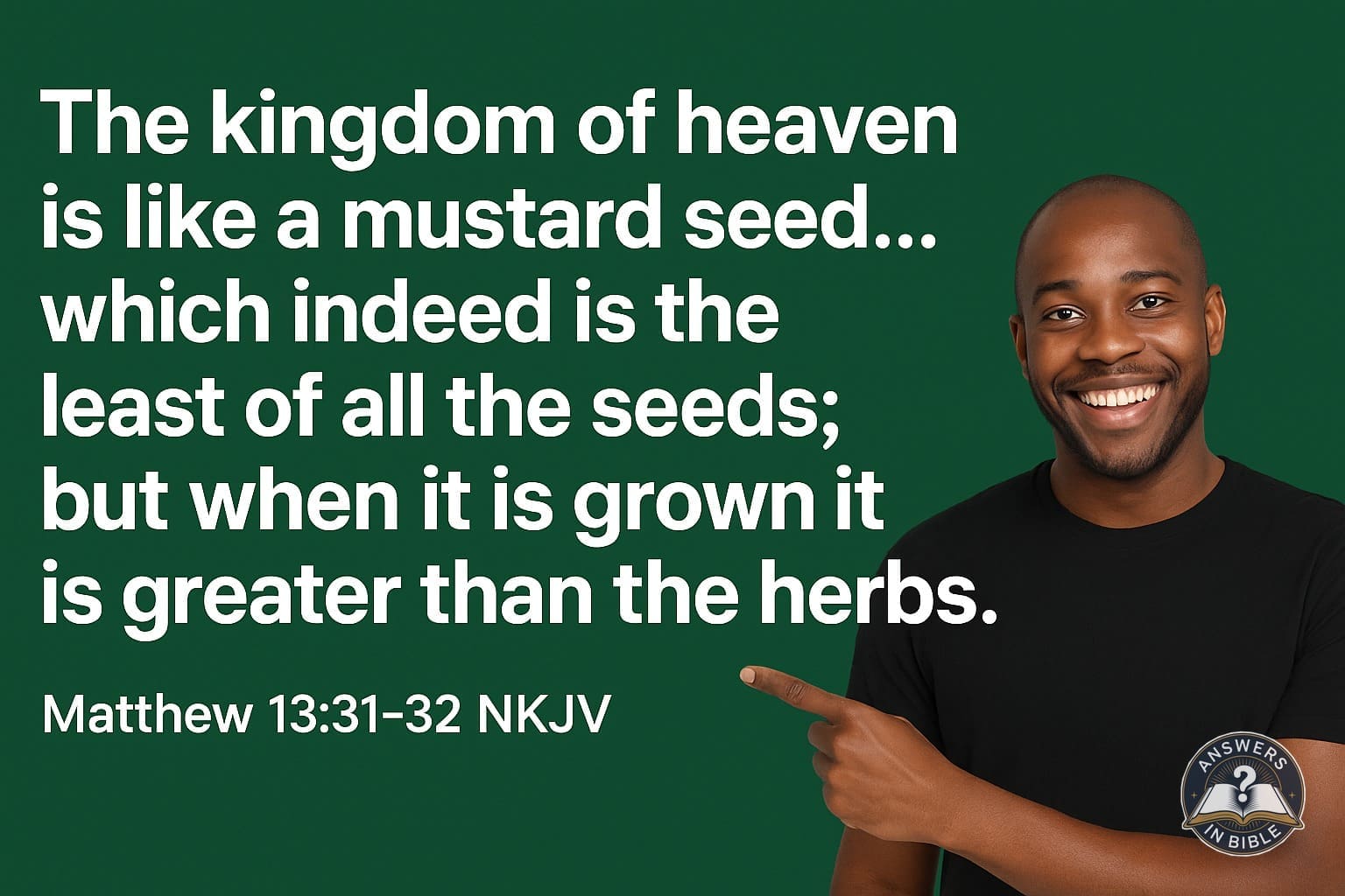 Weather presenter pointing to Like a Mustard Seed - Matthew 13:31-32 verse graphic