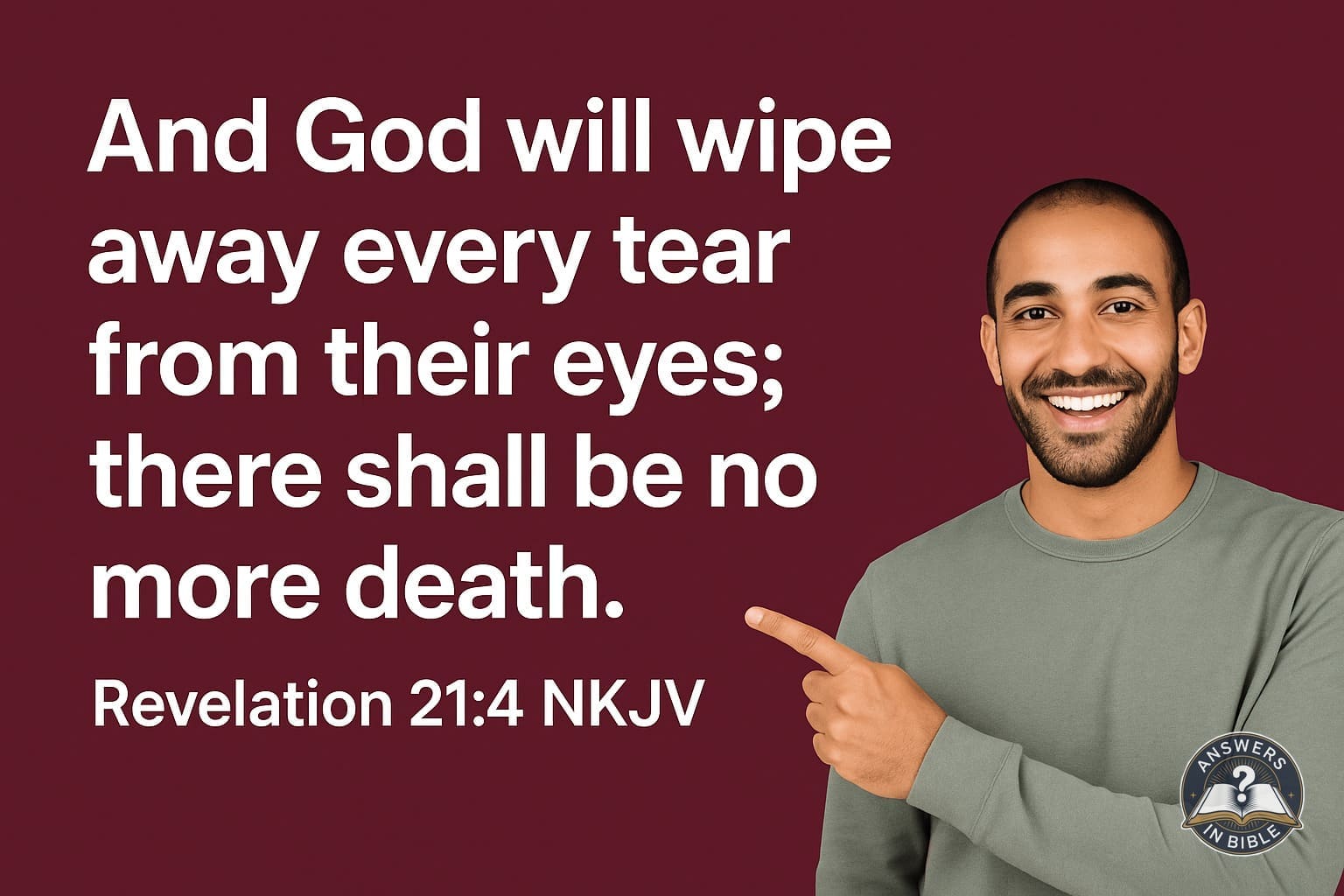 Weather presenter pointing to He Will Wipe Away Every Tear - Revelation 21:4 verse graphic