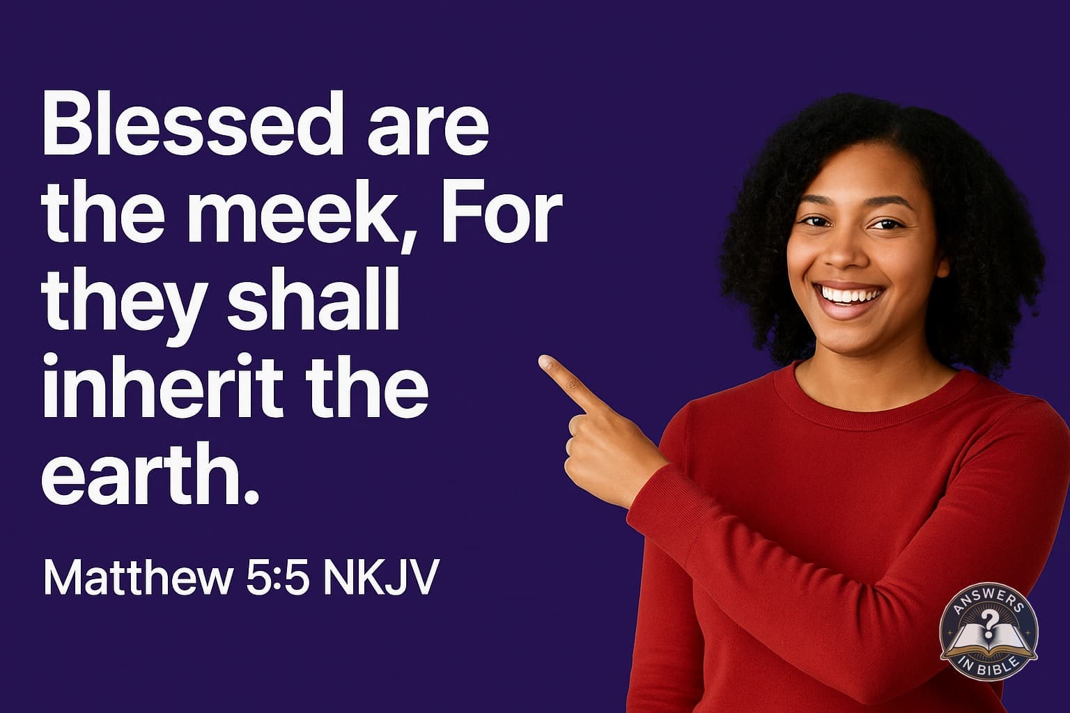 Weather presenter pointing to Blessed Are the Meek - Matthew 5:5 verse graphic