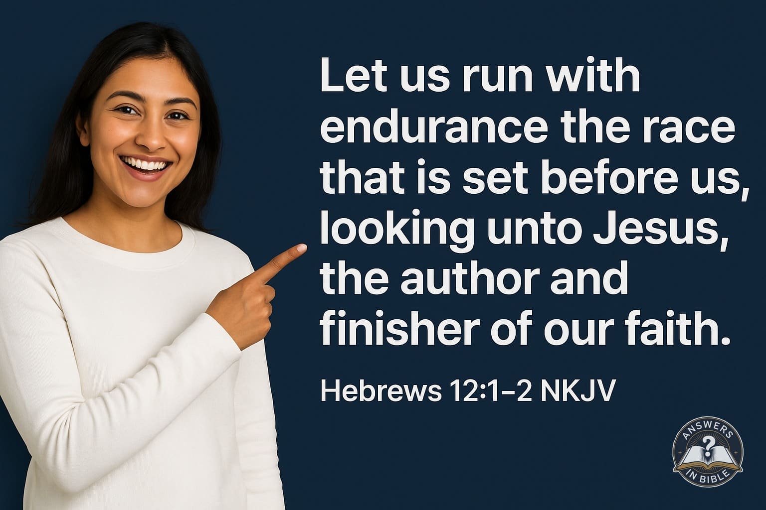Weather presenter pointing to Looking Unto Jesus - Hebrews 12:1-2 verse graphic