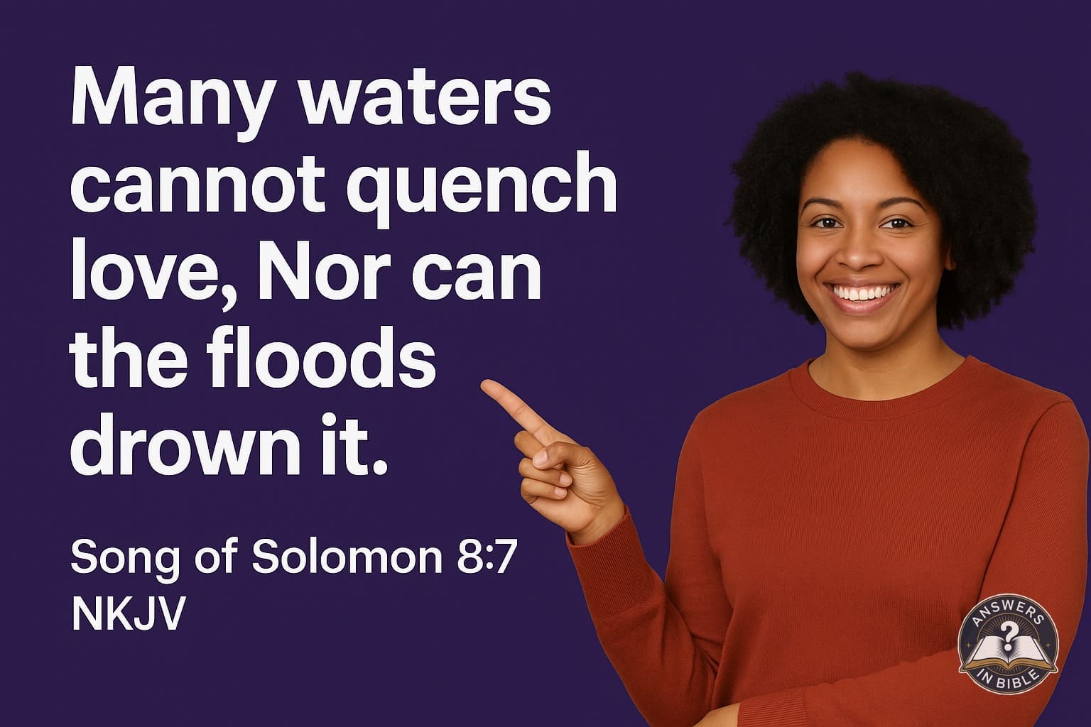 Weather presenter pointing to Many Waters Cannot Quench Love - Song of Solomon 8:7 verse graphic