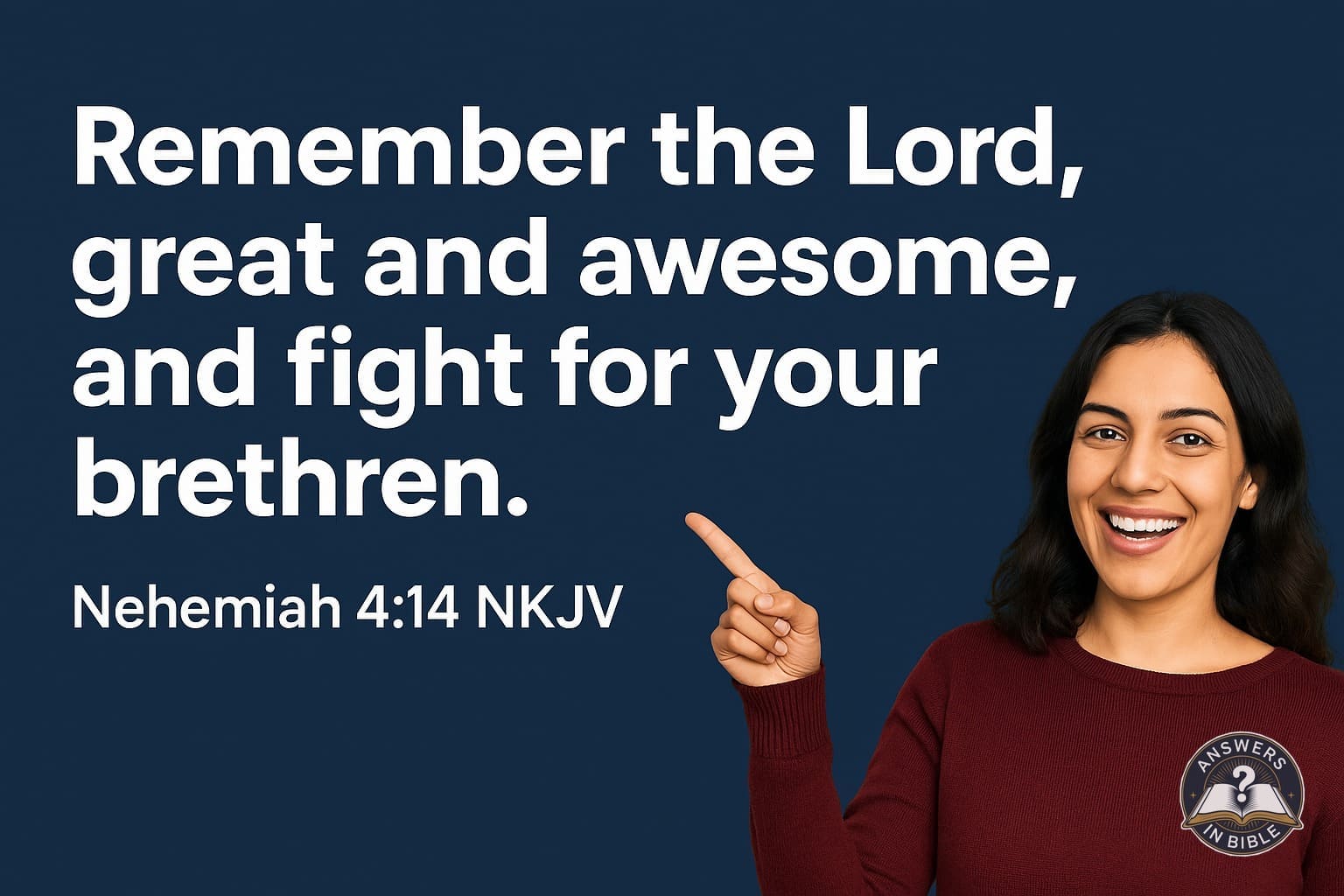 Weather presenter pointing to Remember the Lord and Fight - Nehemiah 4:14 verse graphic