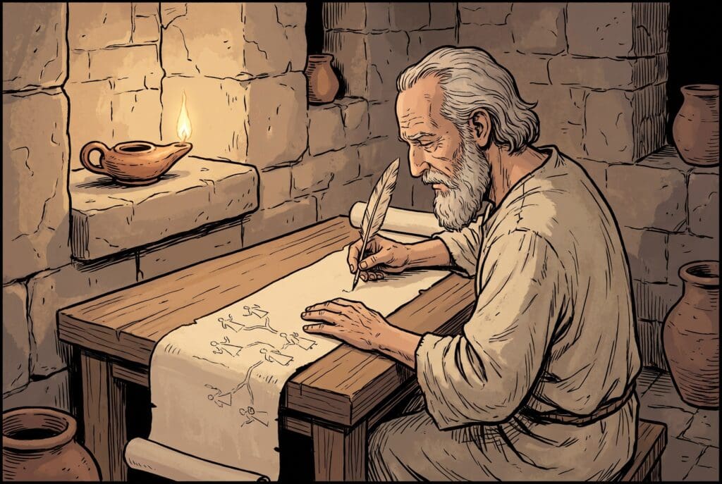 Comic book style illustration depicting a scene from 1 Chronicles chapter 1