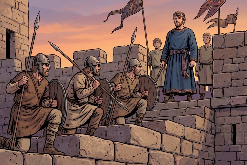 Comic book style illustration depicting a scene from 1 Chronicles chapter 11