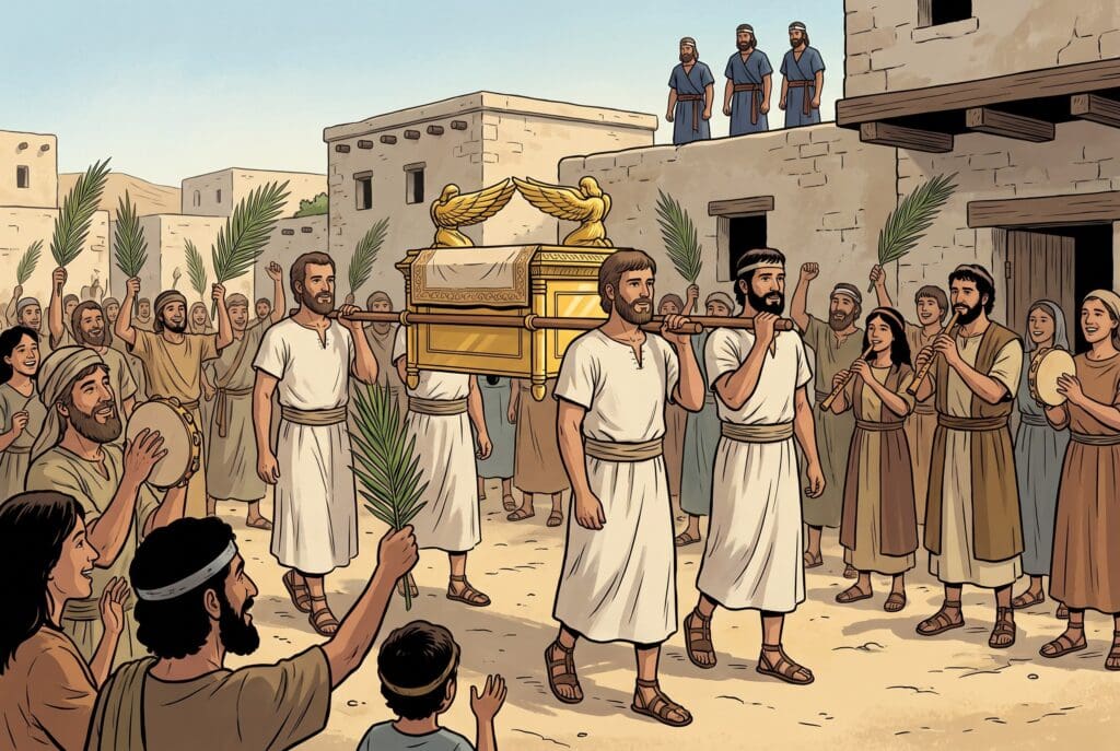 Comic book style illustration depicting a scene from 1 Chronicles chapter 15