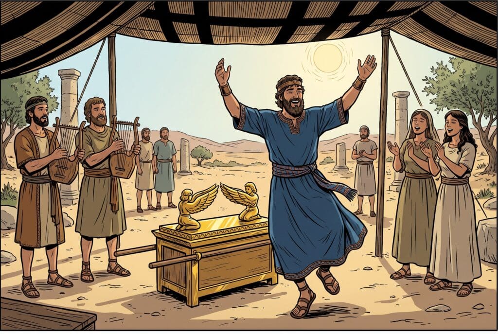 Comic book style illustration depicting a scene from 1 Chronicles chapter 16