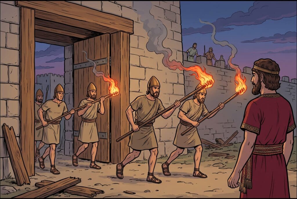 Comic book style illustration depicting a scene from 1 Chronicles chapter 20