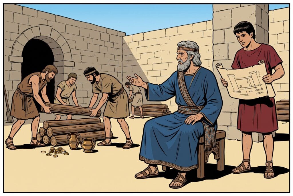 Comic book style illustration depicting a scene from 1 Chronicles chapter 22
