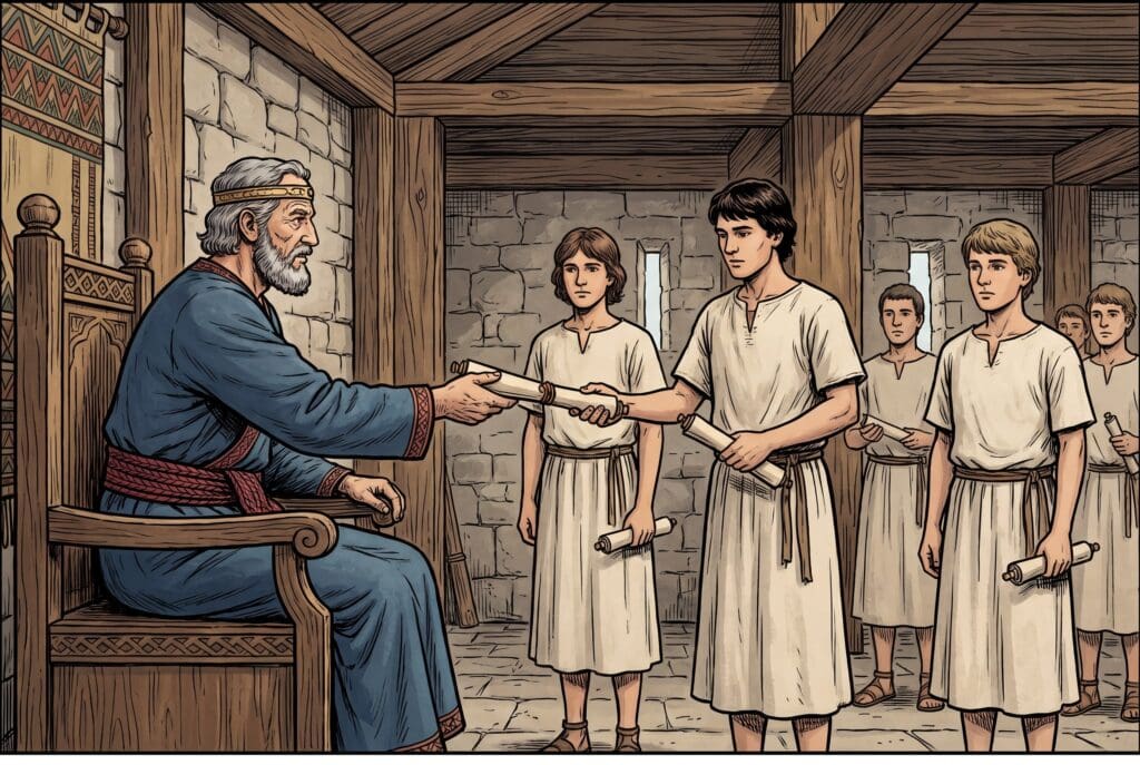 Comic book style illustration depicting a scene from 1 Chronicles chapter 23