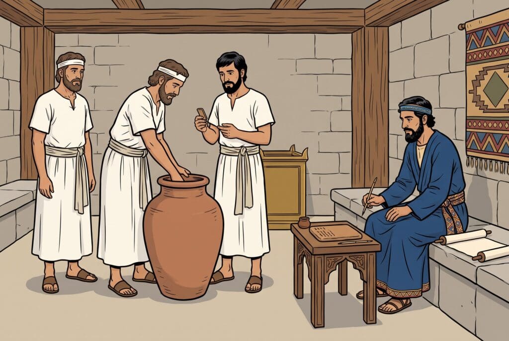 Comic book style illustration depicting a scene from 1 Chronicles chapter 24