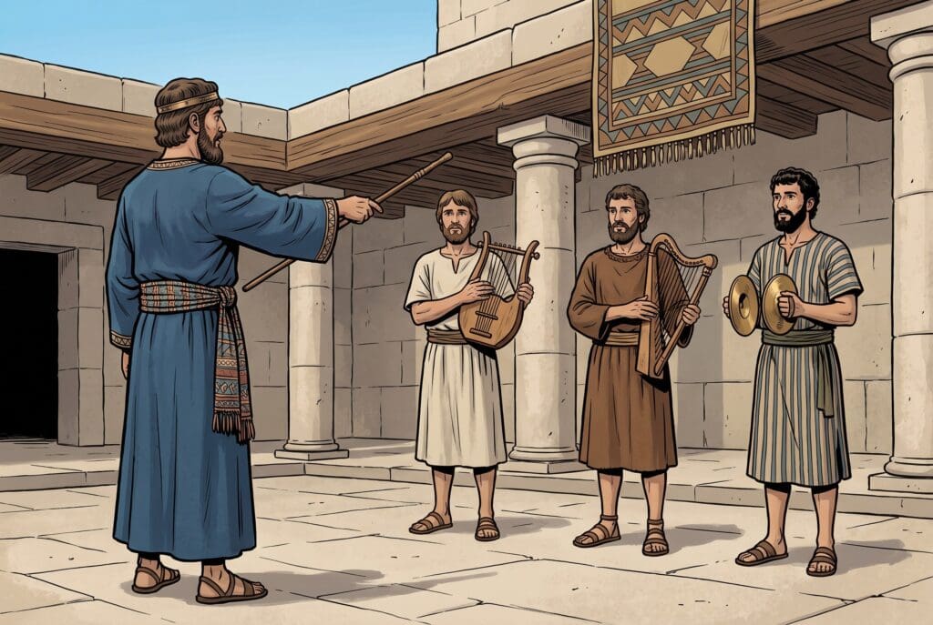 Comic book style illustration depicting a scene from 1 Chronicles chapter 25
