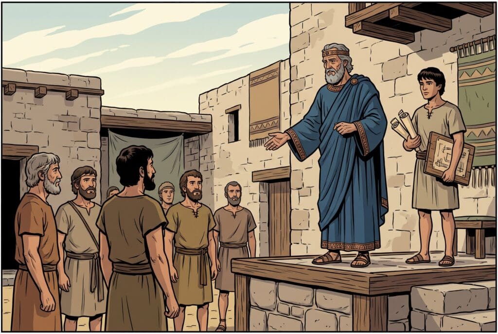 Comic book style illustration depicting a scene from 1 Chronicles chapter 28