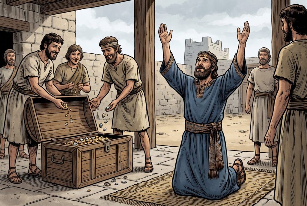 Comic book style illustration depicting a scene from 1 Chronicles chapter 29