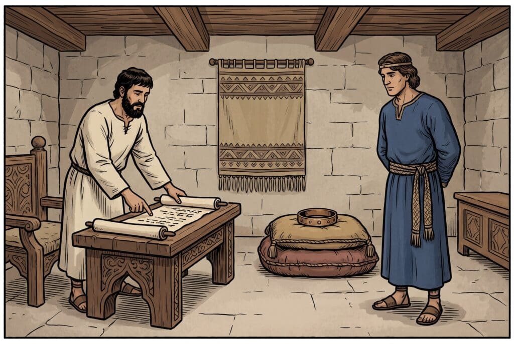 Comic book style illustration depicting a scene from 1 Chronicles chapter 3