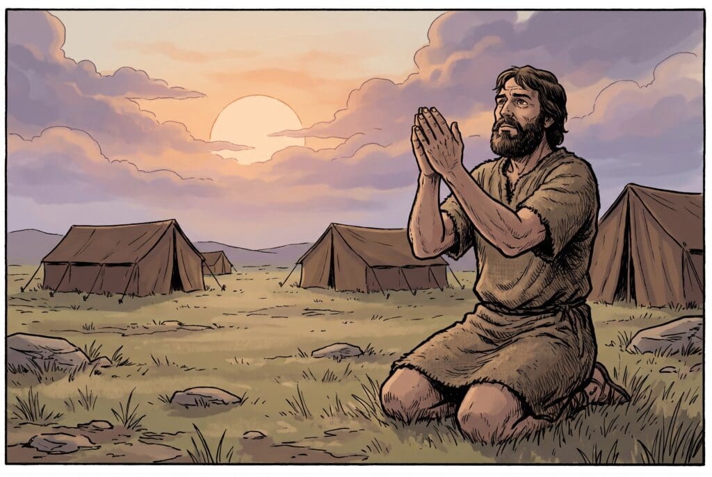 Comic book style illustration depicting a scene from 1 Chronicles chapter 4