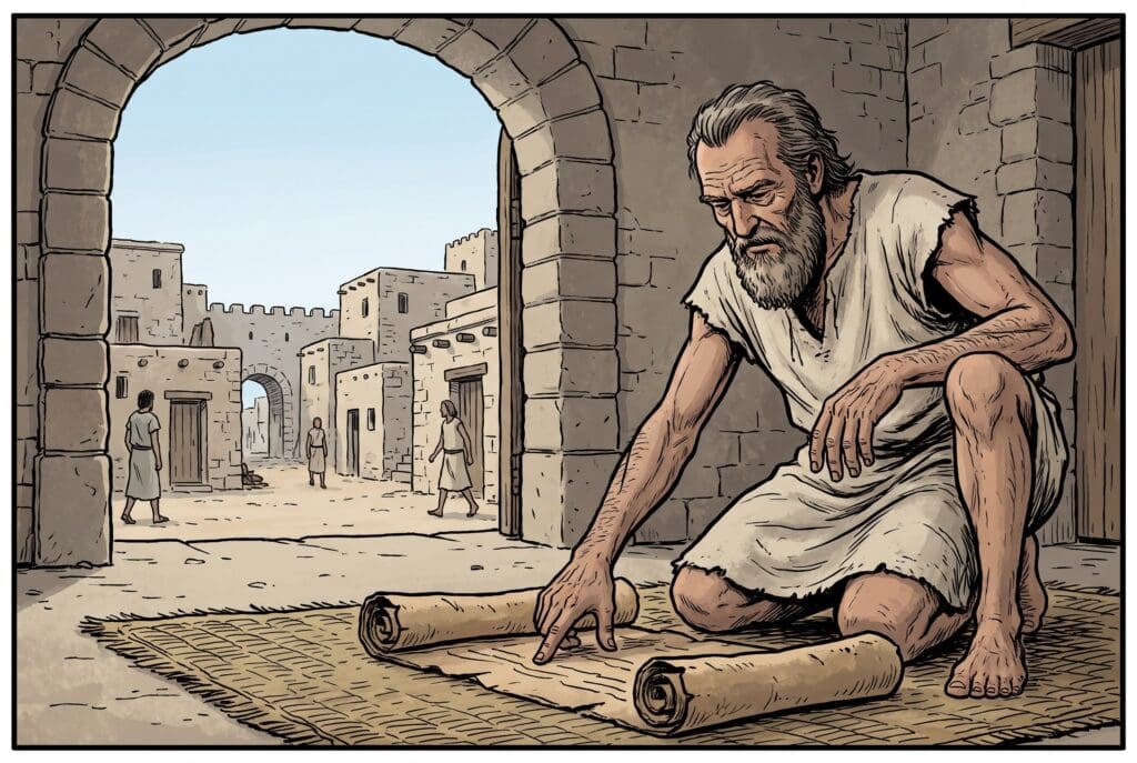 Comic book style illustration depicting a scene from 1 Chronicles chapter 8