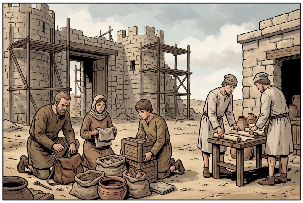 Comic book style illustration depicting a scene from 1 Chronicles chapter 9