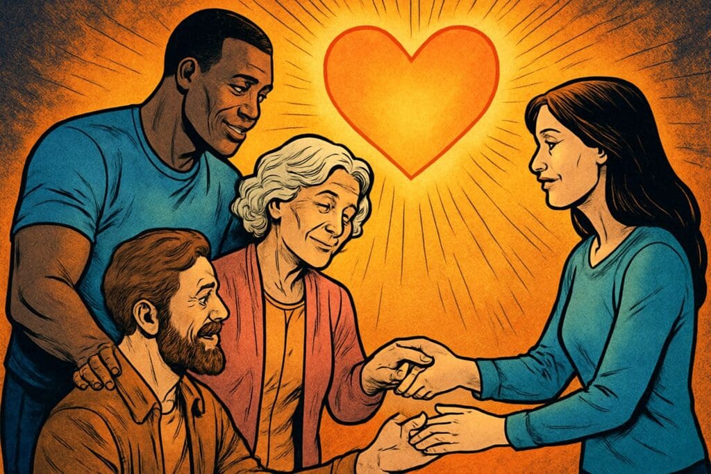 Comic book style illustration depicting a scene from 1 Corinthians chapter 13