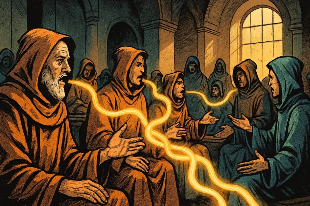 Comic book style illustration depicting a scene from 1 Corinthians chapter 14