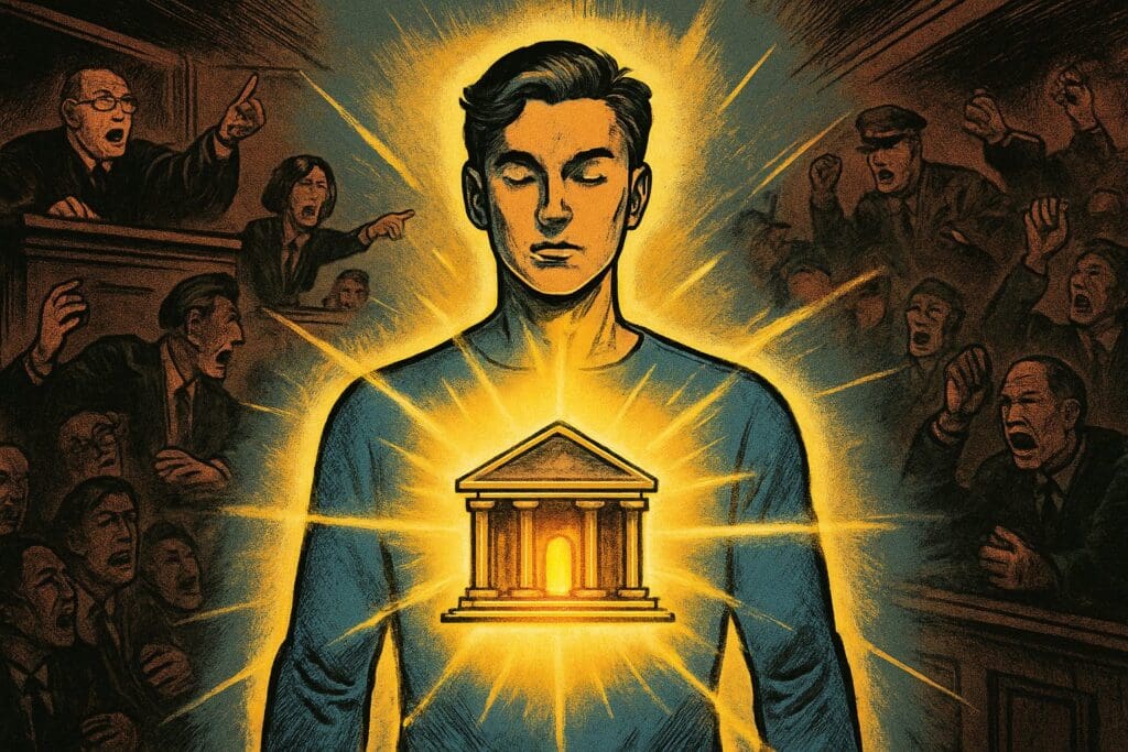 Comic book style illustration depicting a scene from 1 Corinthians chapter 6