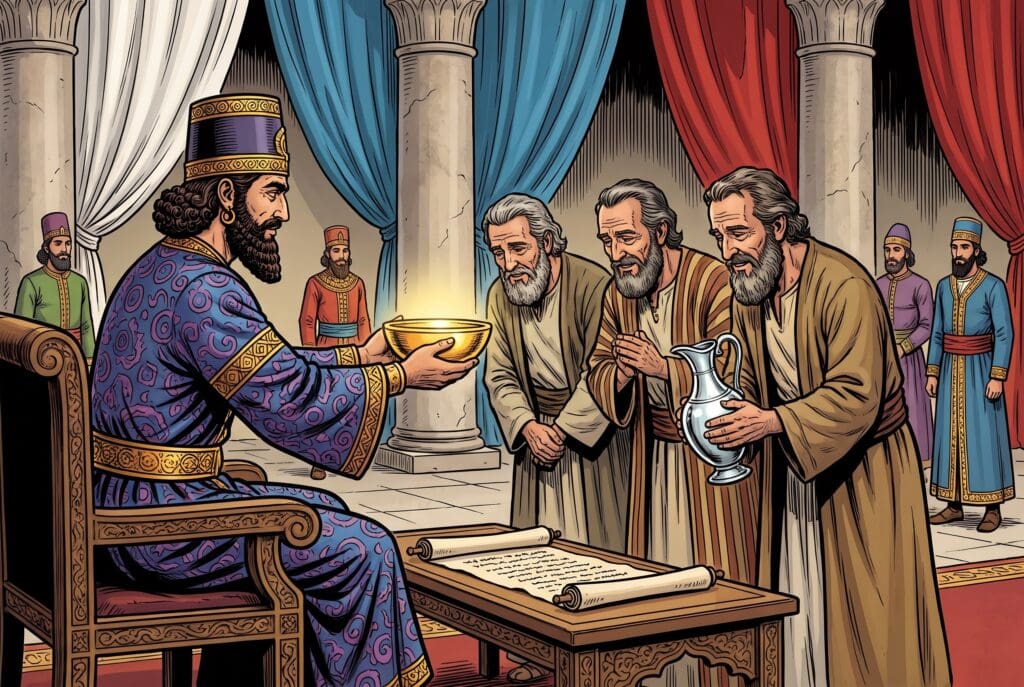 Comic book style illustration depicting a scene from 1 Esdras chapter 2