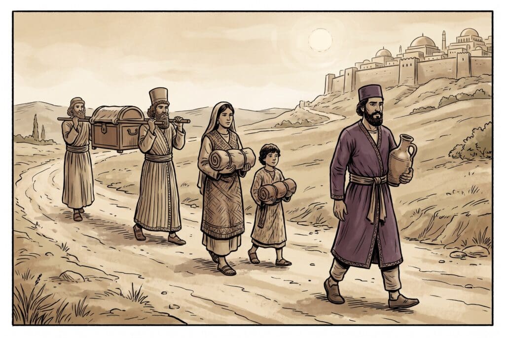 Comic book style illustration depicting a scene from 1 Esdras chapter 5
