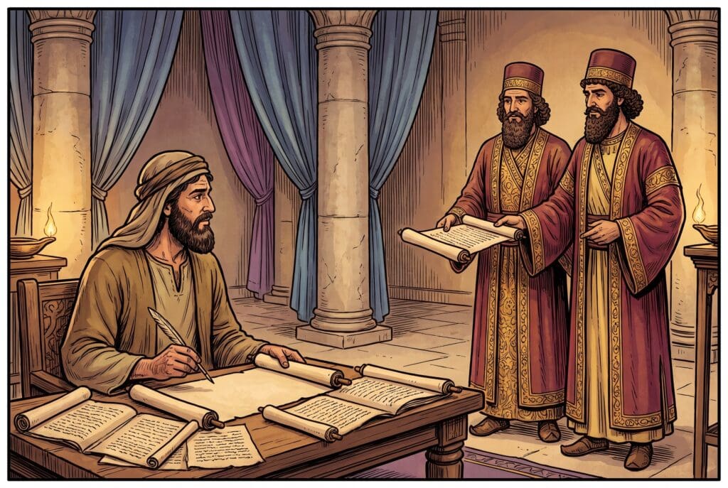 Comic book style illustration depicting a scene from 1 Esdras chapter 8
