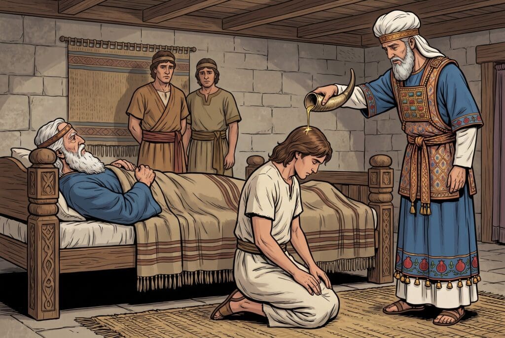 Comic book style illustration depicting a scene from 1 Kings chapter 1