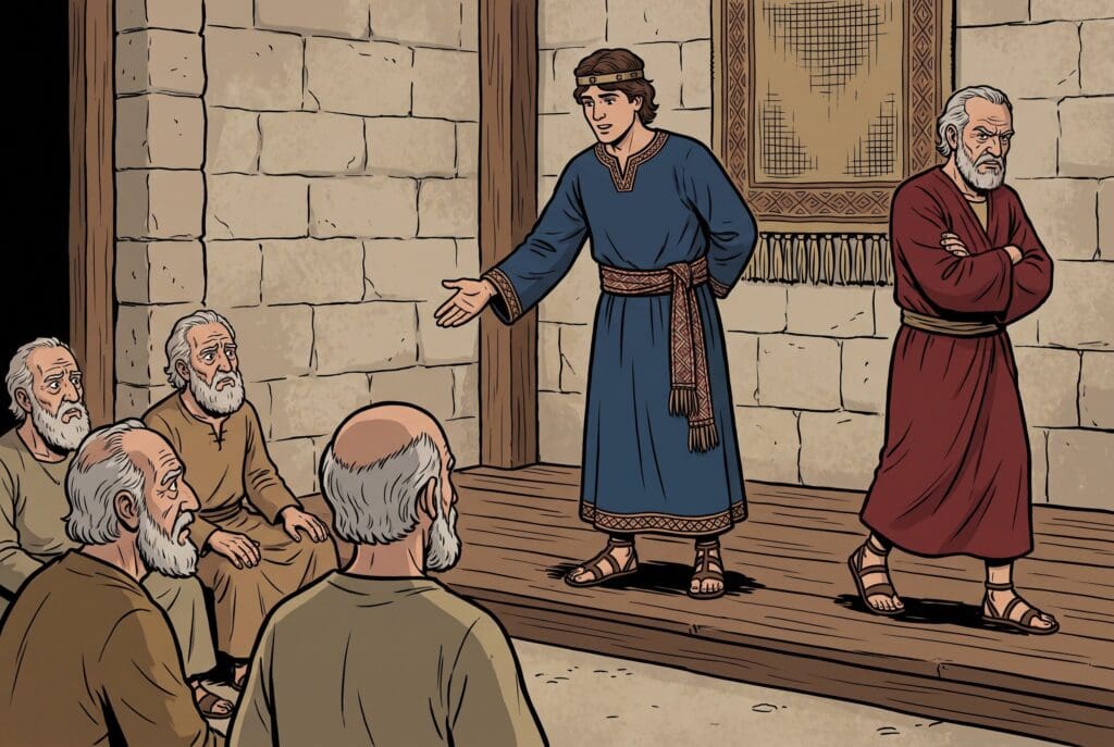 Comic book style illustration depicting a scene from 1 Kings chapter 12