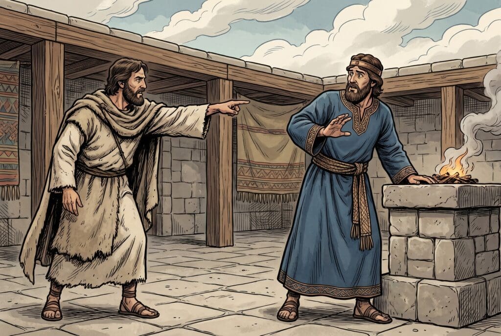 Comic book style illustration depicting a scene from 1 Kings chapter 13