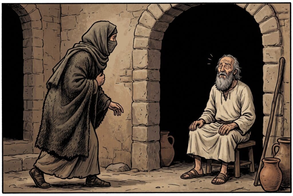 Comic book style illustration depicting a scene from 1 Kings chapter 14