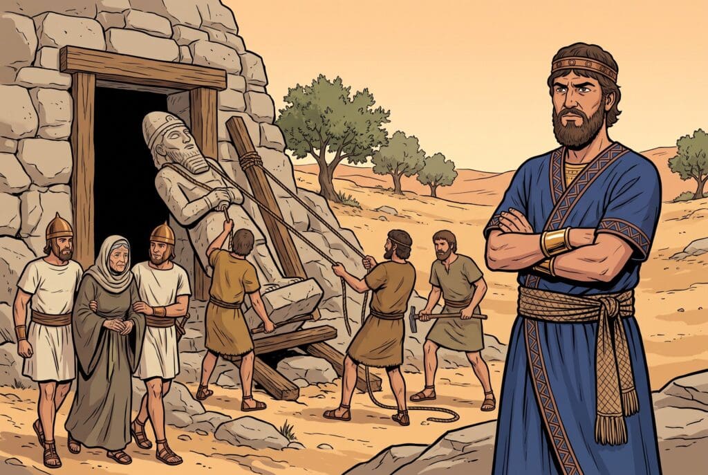 Comic book style illustration depicting a scene from 1 Kings chapter 15