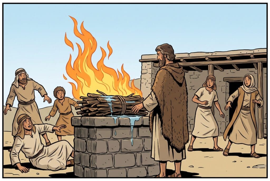 Comic book style illustration depicting a scene from 1 Kings chapter 18