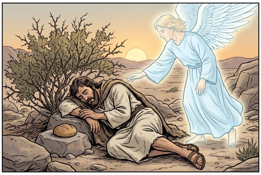 Comic book style illustration depicting a scene from 1 Kings chapter 19
