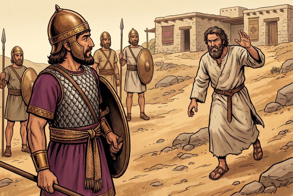 Comic book style illustration depicting a scene from 1 Kings chapter 20