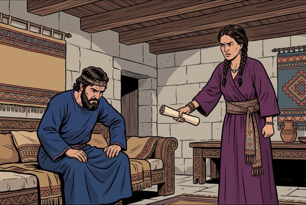 Comic book style illustration depicting a scene from 1 Kings chapter 21