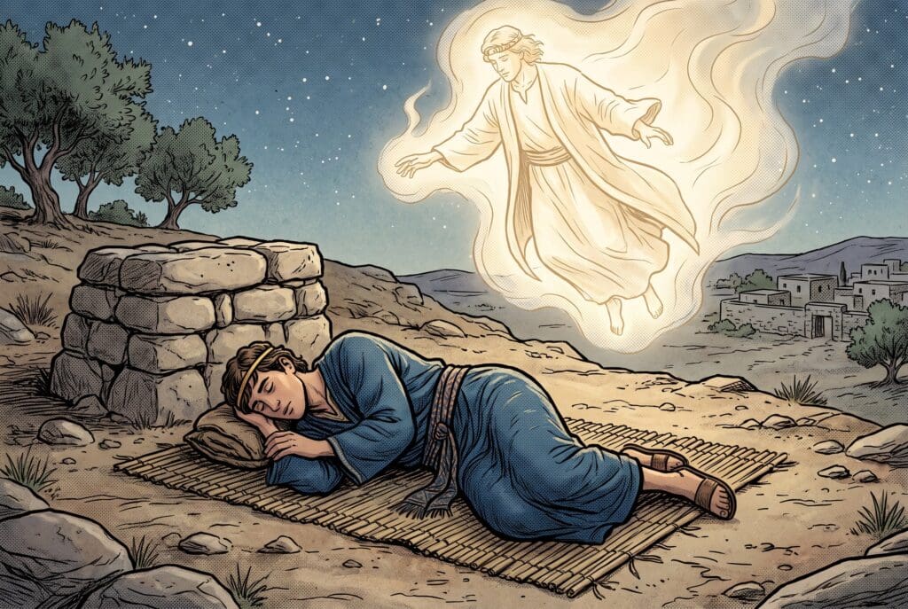 Comic book style illustration depicting a scene from 1 Kings chapter 3