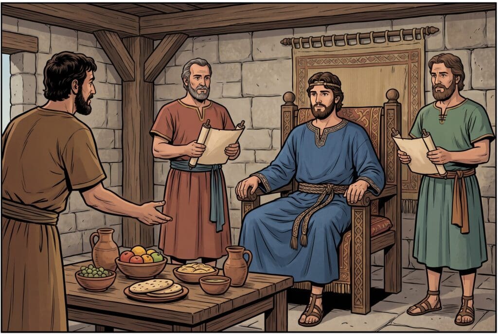 Comic book style illustration depicting a scene from 1 Kings chapter 4